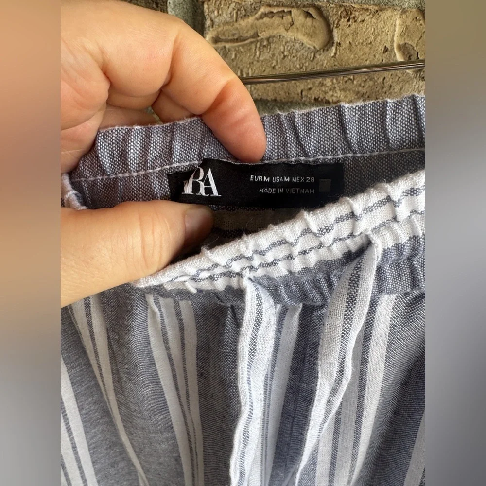 ZARA Linen Blend Striped Wide Leg Pants Blue White Drawstring Size M
